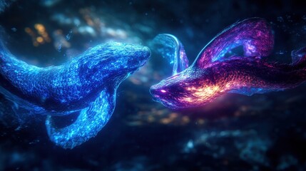 Abstract Digital Art of Two Glowing Fish in a Dark Underwater Scene with Vibrant Blue and Purple Colors