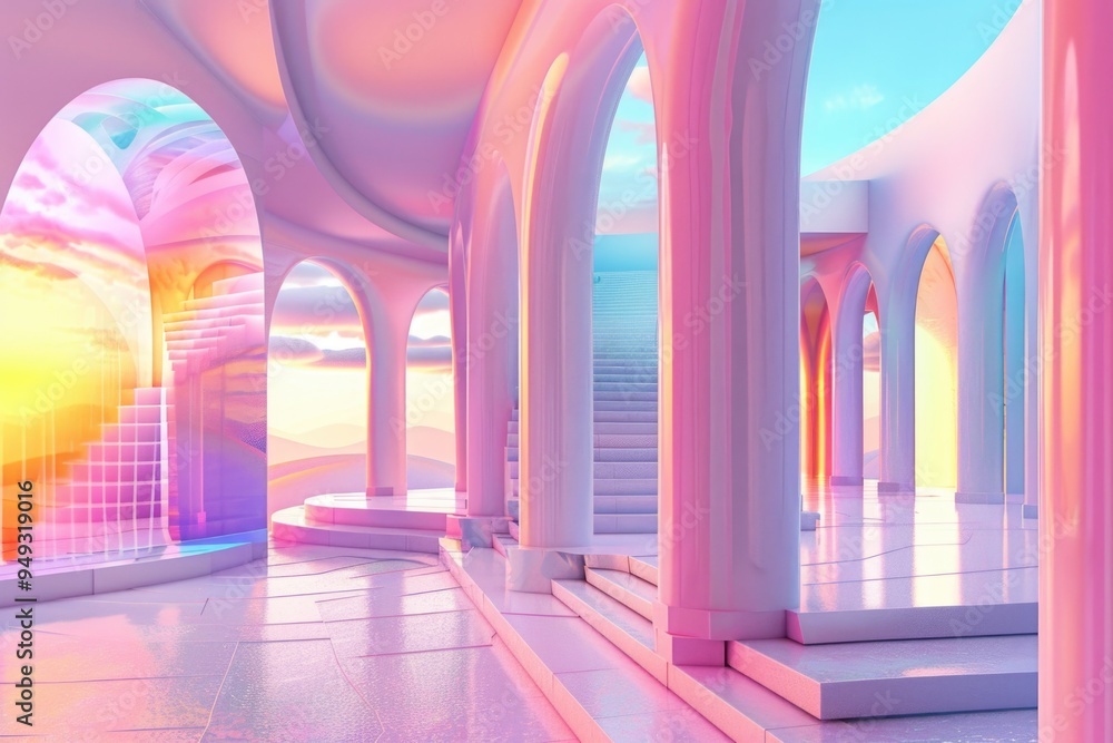 Poster a modern architecture interior with many columns and a blue sky background