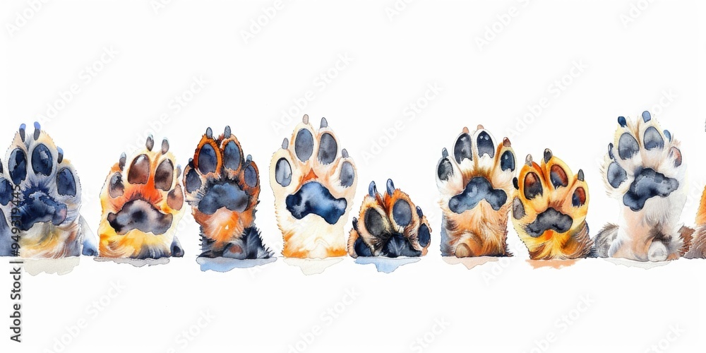 Poster a row of colorful paw prints on a white surface, ideal for use in designs related to animals or kids