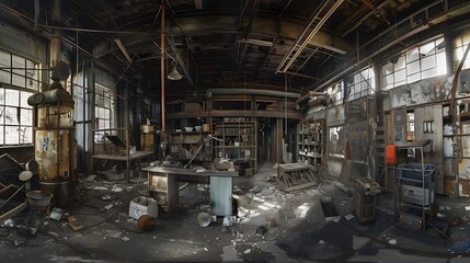 Panoramic view of a coin forgery workshop set in an abandoned warehouse with multiple stations for different parts of the forgery process The scene captures the scale and complexity of the operation
