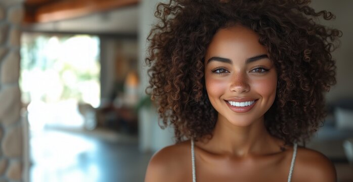 A young woman with curly hair beams with joy, showcasing a genuine smile in a well-lit, contemporary living space. The ambiance reflects a cozy, inviting atmosphere filled with natural light. copy spa
