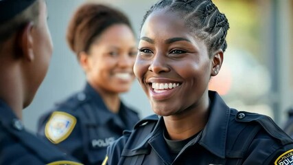 Smiling police officers engage with the community during an outreach event in a vibrant neighborhood setting