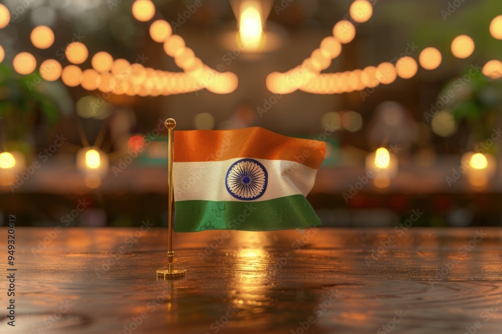 Poster A small Indian flag placed on a table with colorful lights in the background
