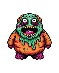 Cartoon illustration of a green, chubby monster with stitched together skin, wide eyes and a big mouth.