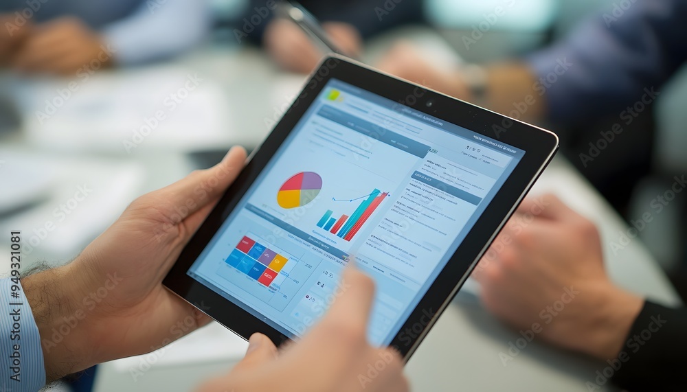 Poster close-up of a hand holding a tablet showing charts and graphs