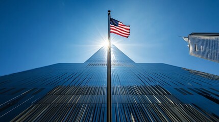 The American flag at Ground Zero standing tall against the backdrop of the Freedom Tower under a clear September sky