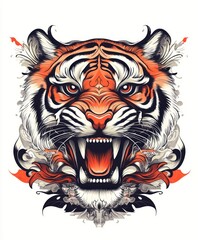 Fototapeta premium A fierce tiger head illustration with intricate details and vibrant colors.