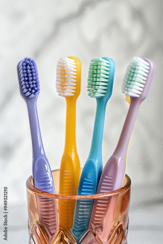 Aufkleber a collection of toothbrushes stored in a cup on a table, ideal for use in bathroom scenes or as a sy