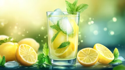 Fototapeta premium Refreshing summer lemonade with lemon slices, ice cubes, and fresh mint leaves in a clear glass against a bokeh background.