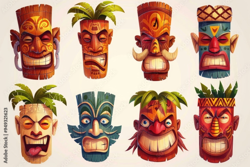 Poster a collection of colorful cartoon tiki heads with various facial expressions, ideal for use in illust