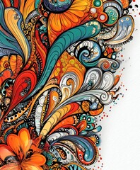 A vibrant abstract design featuring intricate swirls and floral patterns in bright colors.