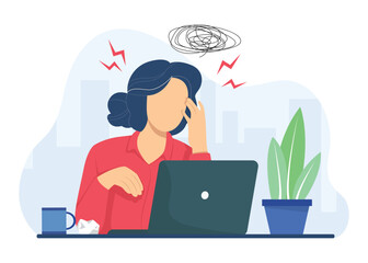 Busy business woman, project failure and workaholic. Sad, tired or exhausted woman at office. Stressful work, Stress at workplace.  Vector illustration.