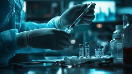 Scientist working in a lab with vials and a syringe, conducting research and experiments in a modern laboratory setting.