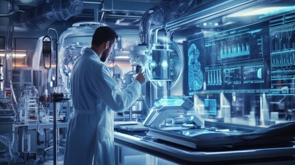 Scientist working in advanced laboratory analyzing futuristic technology with digital interface and high-tech equipment.