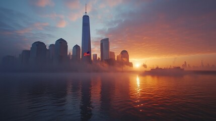 Ground Zero Memorial with the American flag standing tall against the backdrop of the Freedom Tower at dawn