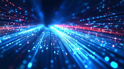 Dynamic blue and red lines and numbers create an abstract visual that evokes a sense of digital movement, resembling a high-tech environment filled with glowing light and energy.