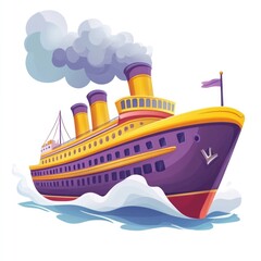 Cartoon Illustration of a Purple and Yellow Ship with Smoke Coming From its Chimney