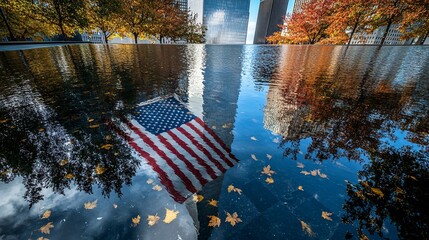 The American flag reflecting in the Ground Zero Memorial pool during a peaceful September day with the Freedom Tower in the background