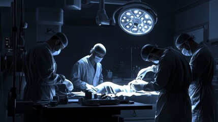 Surgeons performing an operation under bright lights in an operating room, demonstrating teamwork and precision in a high-stakes environment.