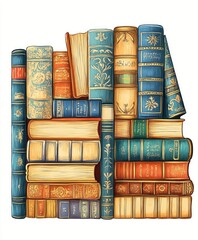 A colorful stack of vintage books showcasing intricate designs and bindings.