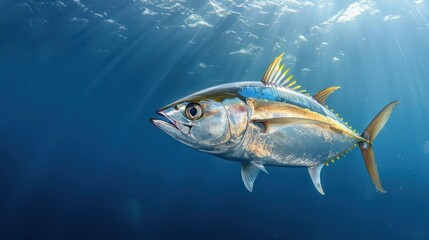 Naklejka premium A beautiful blue and gold tuna fish swims gracefully in the ocean under the light of day.