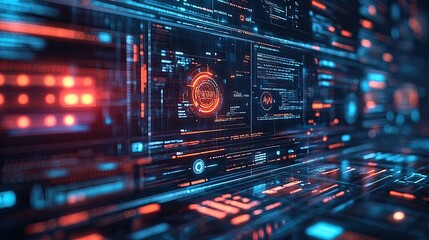 Obraz premium 38. Futuristic holographic interface showing website analytics, data-driven web design, advanced tech integration.