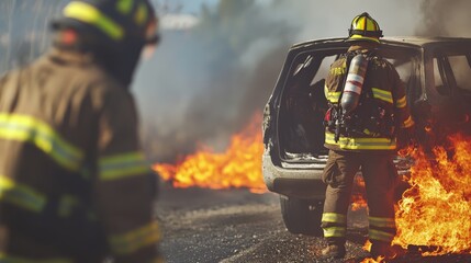 Two firefighters extinguish a blazing car fire, with intense flames and heavy smoke, showcasing their bravery and quick response.