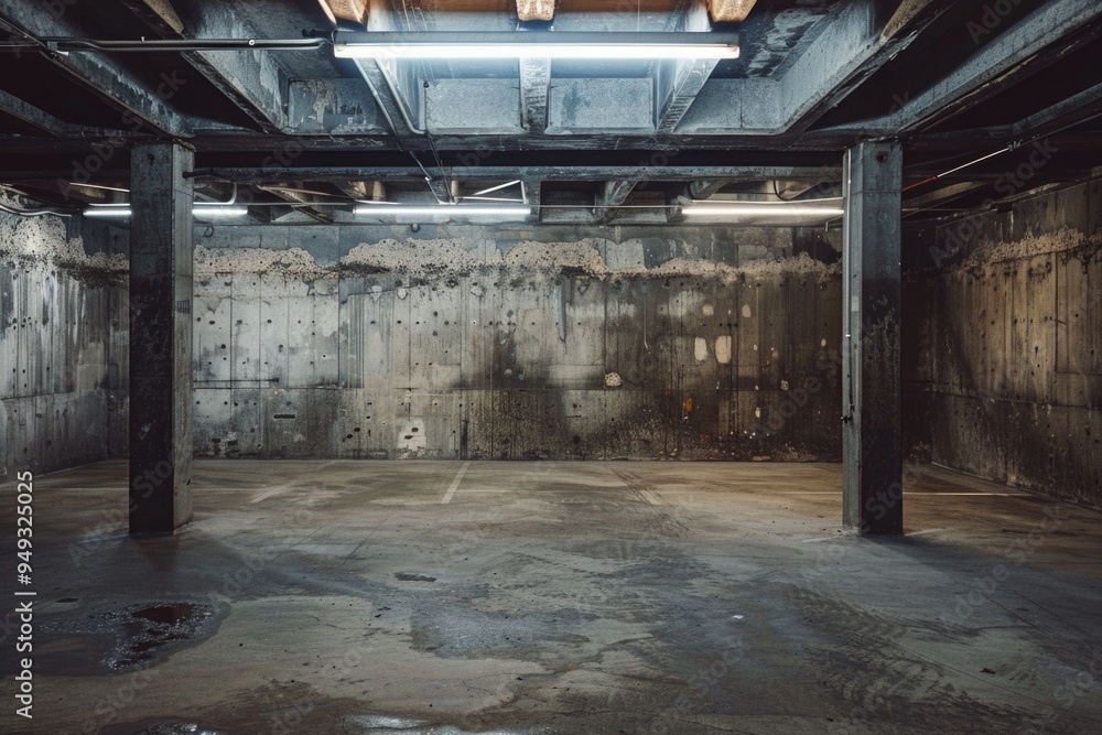 Poster a minimalist space with concrete walls and exposed ceiling fixtures, ideal for interior design or ar