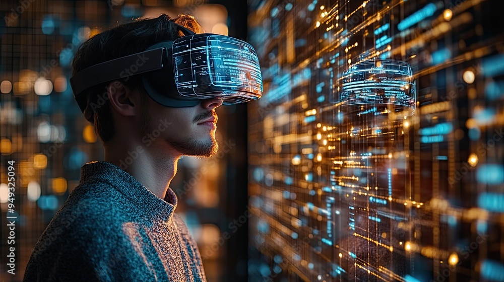 Wall mural 11. vr headset user interacting with a 3d website model, futuristic web development concept, immersi