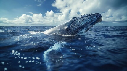 Fototapeta premium Underwater whale's dorsal fin slicing through the blue ocean water.