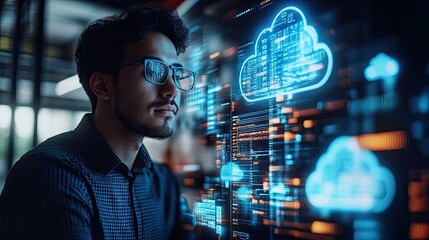 6. Full-stack developer working on cloud integration, coding in the background, modern software development process.