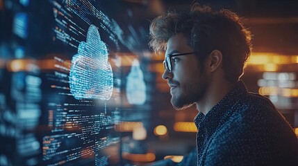 6. Full-stack developer working on cloud integration, coding in the background, modern software development process.