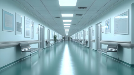 Obraz premium Empty Hospital Corridor with Chairs and Doors, Clean and Sterile, Medical Facility Interior