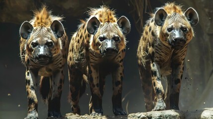 Three hyenas standing together near a waterfall with a rocky cliff in the background.