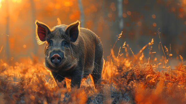 A pig is seen walking along a path in the woods during sunset, with leaves on trees turning color.