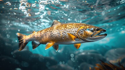 Naklejka premium A salmon swimming in clear water, with its mouth open.