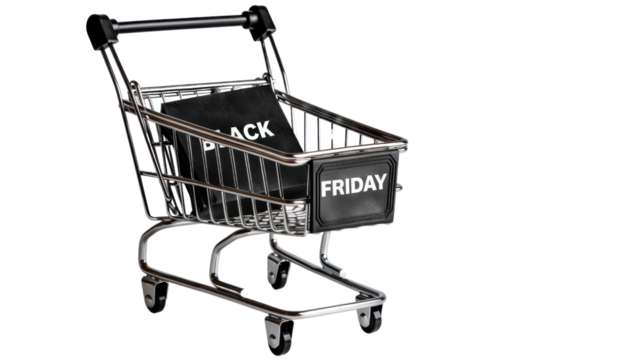 Shopping cart on Black Friday isolated on white background