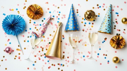 Fototapeta premium Party supplies including decorated hats, sparkling glasses, and colorful confetti create a vibrant atmosphere for new year festivities