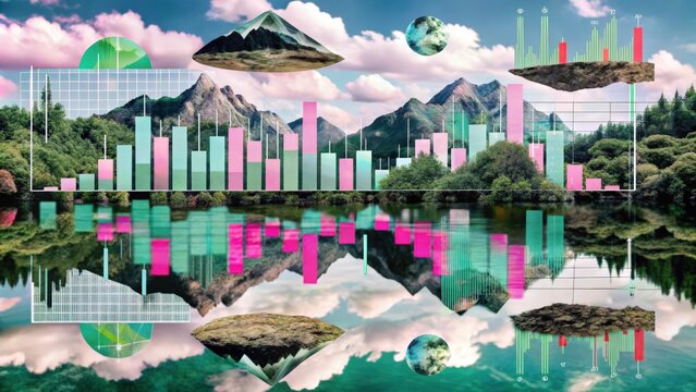 Abstract Collage of Mountains, Water, and Data Visualizations