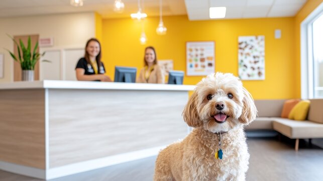 A Warm Welcome at the Vet: Adorable dog patiently awaits its appointment, exuding calm and trust in a modern, bright veterinary clinic.