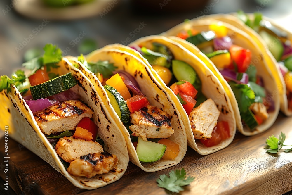 Wall mural Close-up of delicious chicken tacos with fresh vegetables.  Perfect for a quick and flavorful meal.