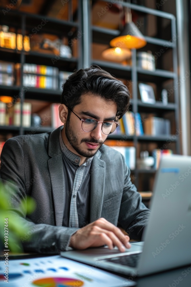 Poster a person sitting at a desk with a laptop open, ready to work or communicate