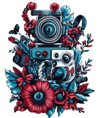 A colorful illustration of a vintage camera surrounded by vibrant flowers and plants.