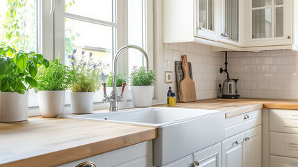 Bright kitchen with white cabinets, a farmhouse sink, and wooden countertops.
