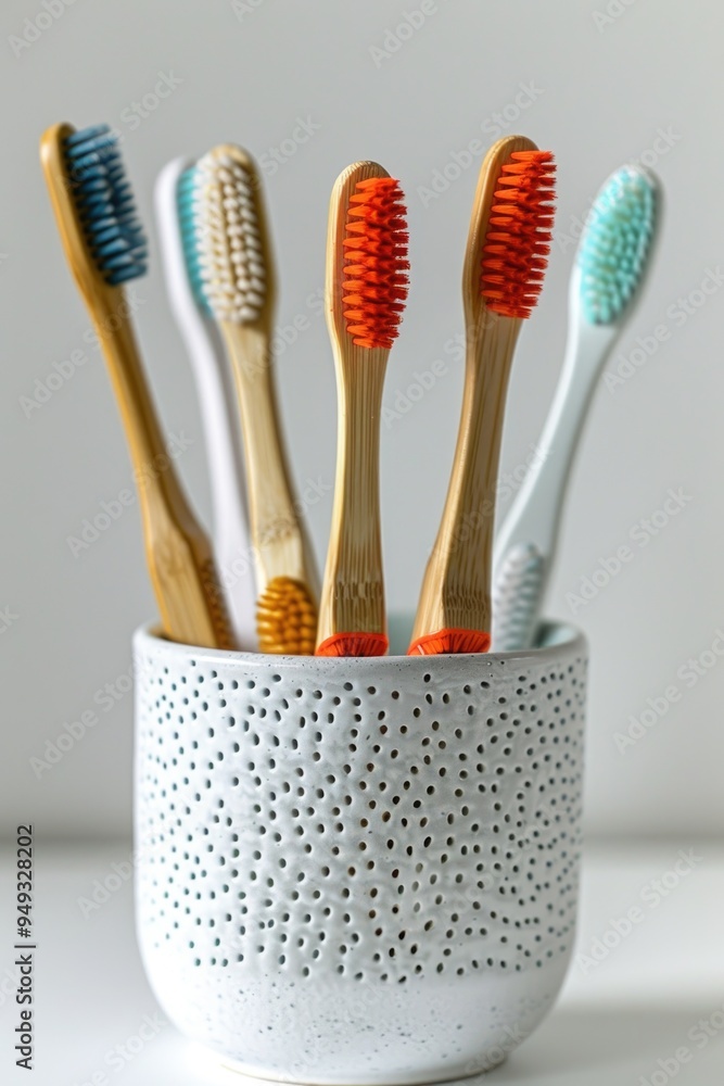 Poster a group of toothbrushes placed in a cup on a table