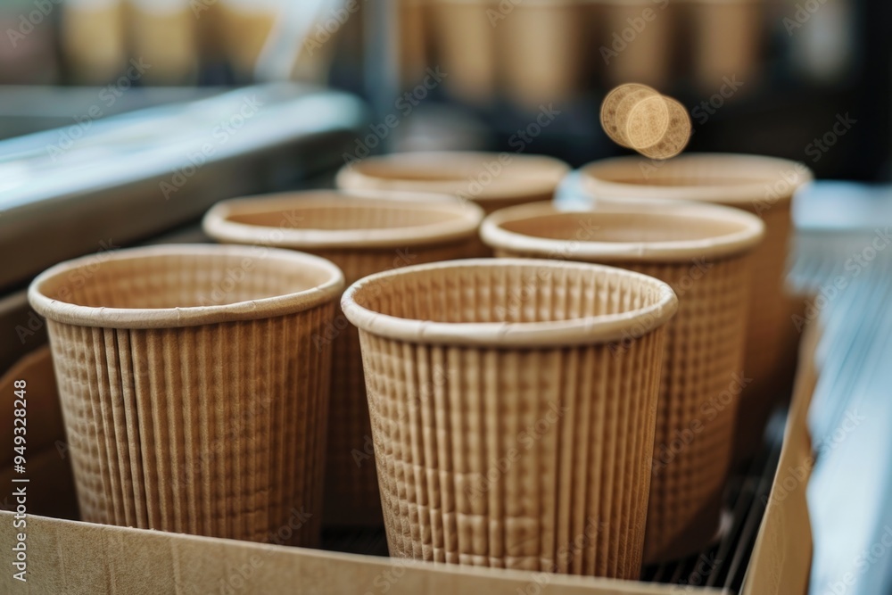 Poster a collection of cups sitting in a wooden box, perfect for storing or displaying