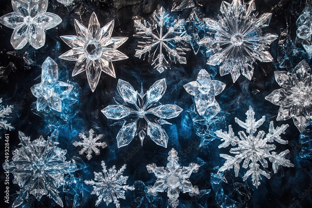 Poster delicate icy crystals create a festive display of christmas decorations featuring stars and snowflak