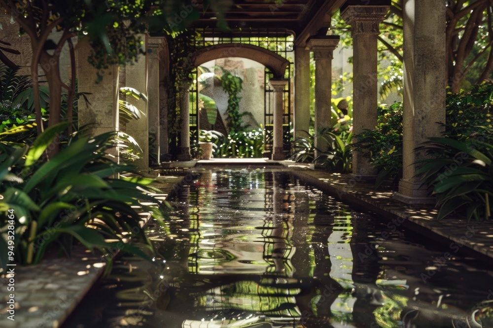 Poster A walkway surrounded by greenery with a calm water feature in the middle