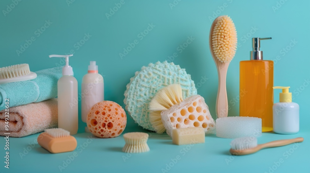 Poster a selection of bath and shower products displayed on a blue background