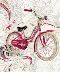 Fototapeta premium A vintage-style pink bicycle surrounded by abstract swirling patterns.